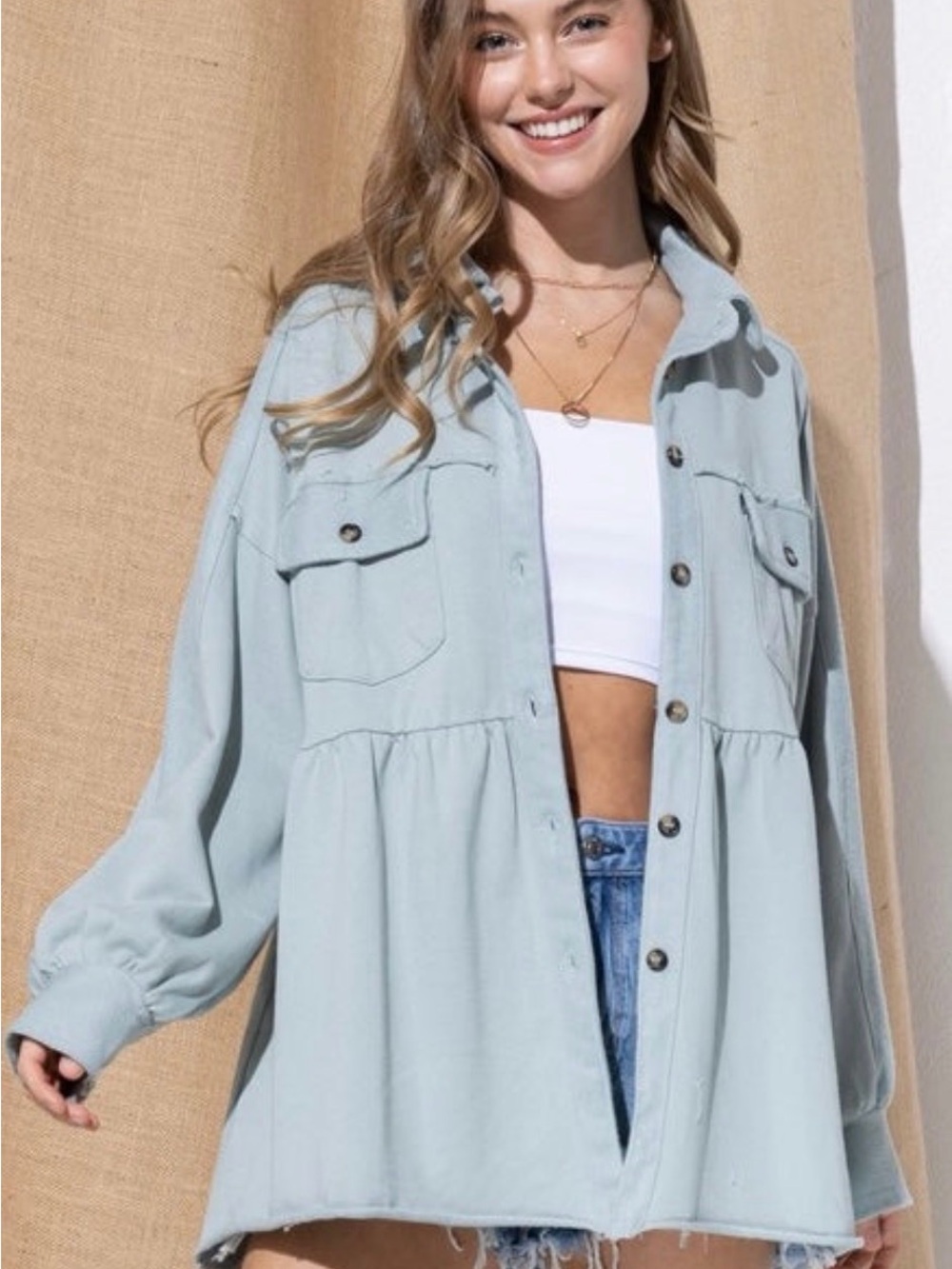 Light Blue Oversized Button-Front Jean Jacket